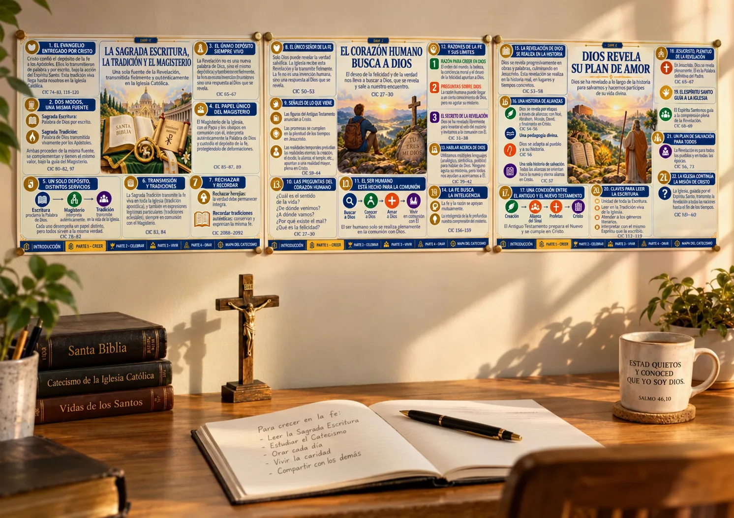 Mapas impresos del Catecismo colgados sobre un escritorio