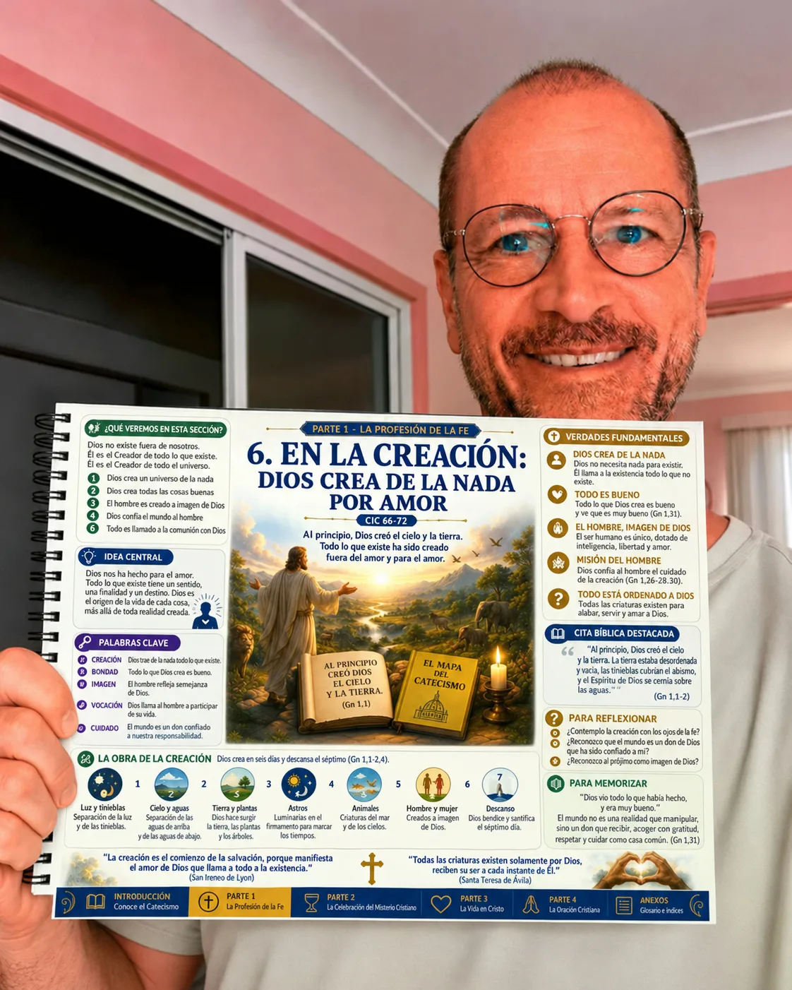 Una lectora sosteniendo el mapa impreso de la Parte 1: En la Creación, Dios crea por amor