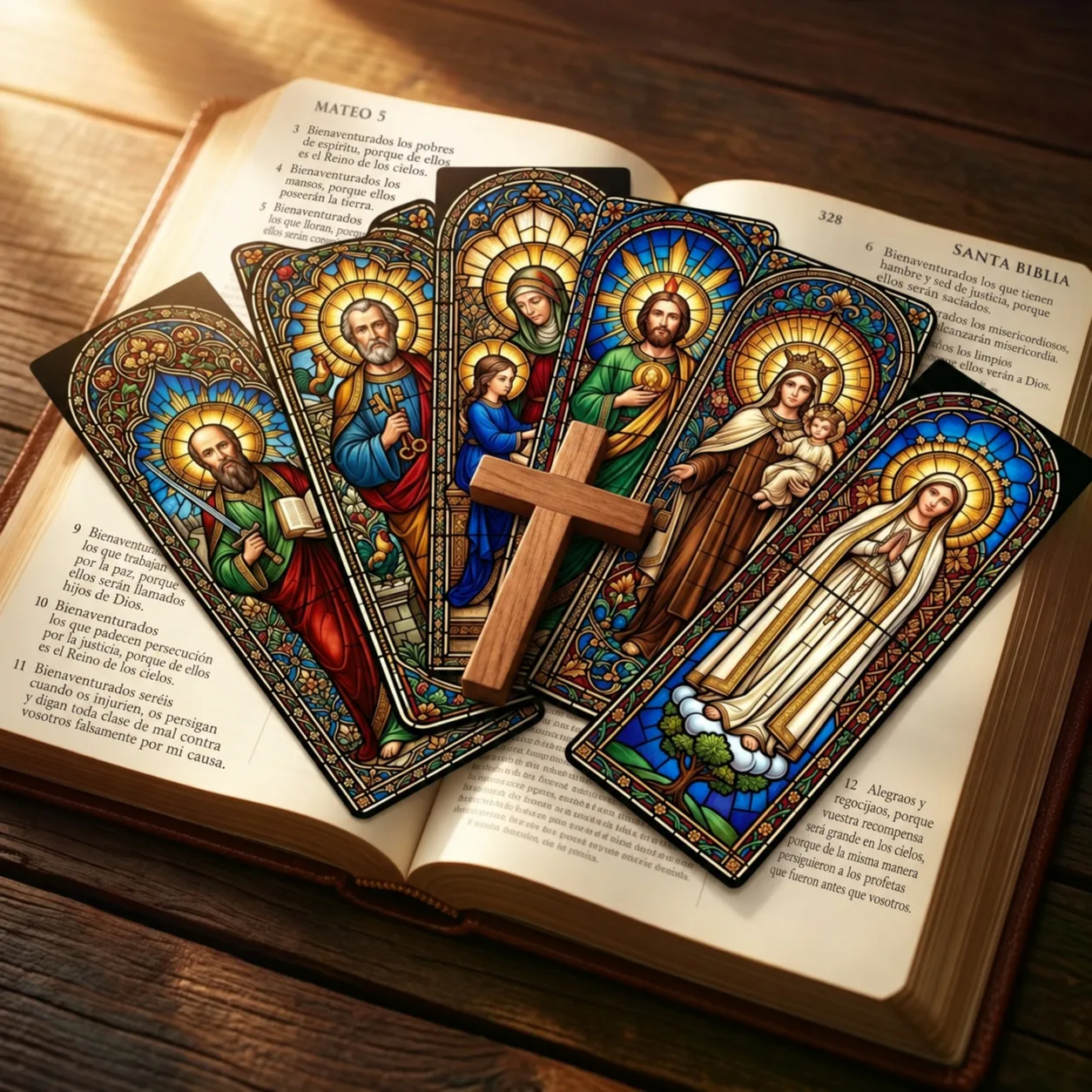 24 Marcapáginas Sagrados estilo vitral sobre una Biblia abierta
